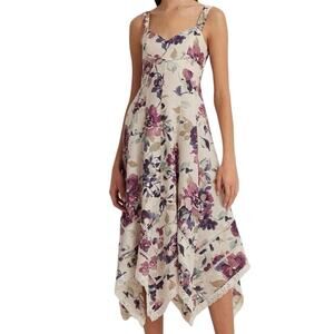 Laura Ashley Linen Blend Floral Handkerchief Hem Midi Dress Pockets Cottagecore